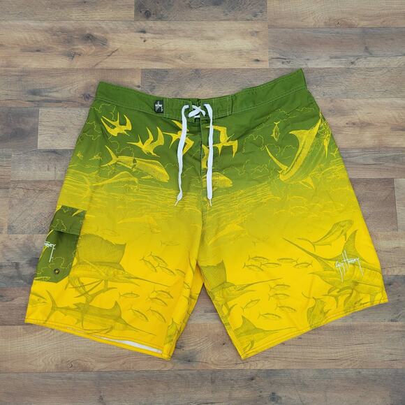 Guy Harvey Men's Board Shorts Swim Short Green & Yellow Ocean Fish Scene Size 40 - Picture 1 of 8